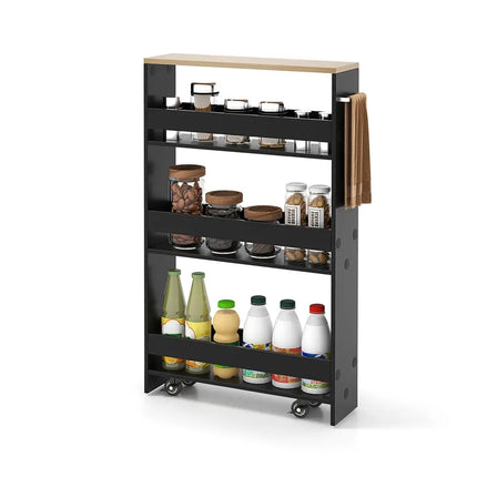 Rolling Kitchen Slim Storage Cart Mobile Shelving Organizer with Handle-Black - Black - Kitchen Islands & Carts