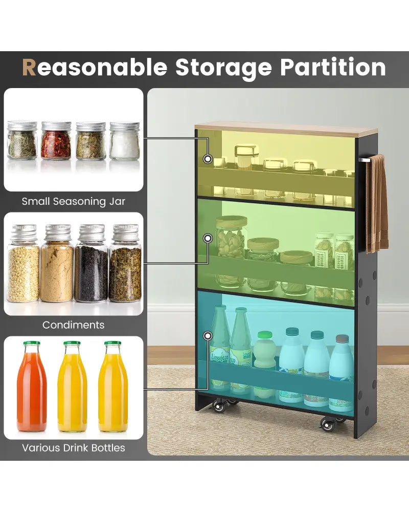 Rolling Kitchen Slim Storage Cart Mobile Shelving Organizer with Handle-Black - Black - Kitchen Islands & Carts
