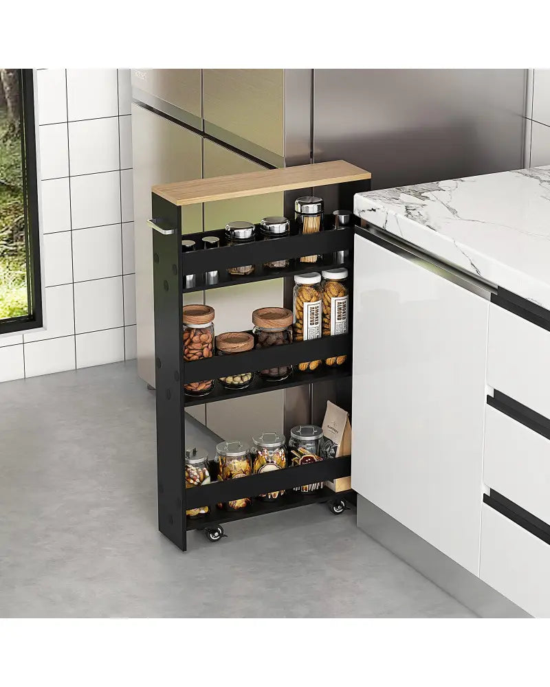 Rolling Kitchen Slim Storage Cart Mobile Shelving Organizer with Handle-Black - Black - Kitchen Islands & Carts