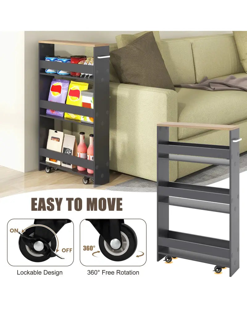 Rolling Kitchen Slim Storage Cart Mobile Shelving Organizer with Handle-Gray - Gray - Kitchen Islands & Carts