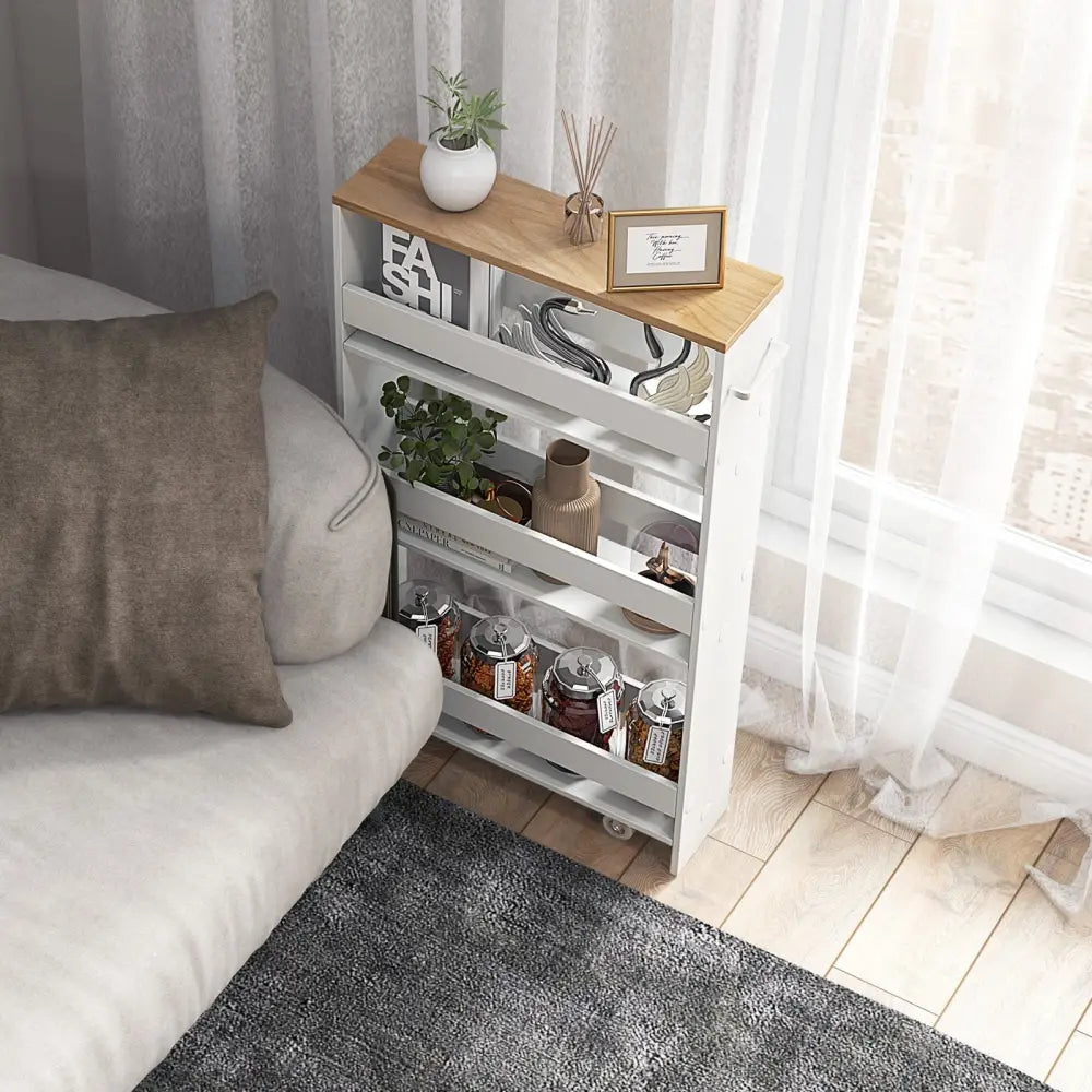 Rolling Kitchen Slim Storage Cart Mobile Shelving Organizer with Handle-White - White - Kitchen Islands & Carts