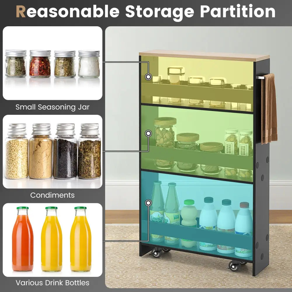 Rolling Kitchen Slim Storage Cart Mobile Shelving Organizer with Handle-Black - Black - Kitchen Islands & Carts