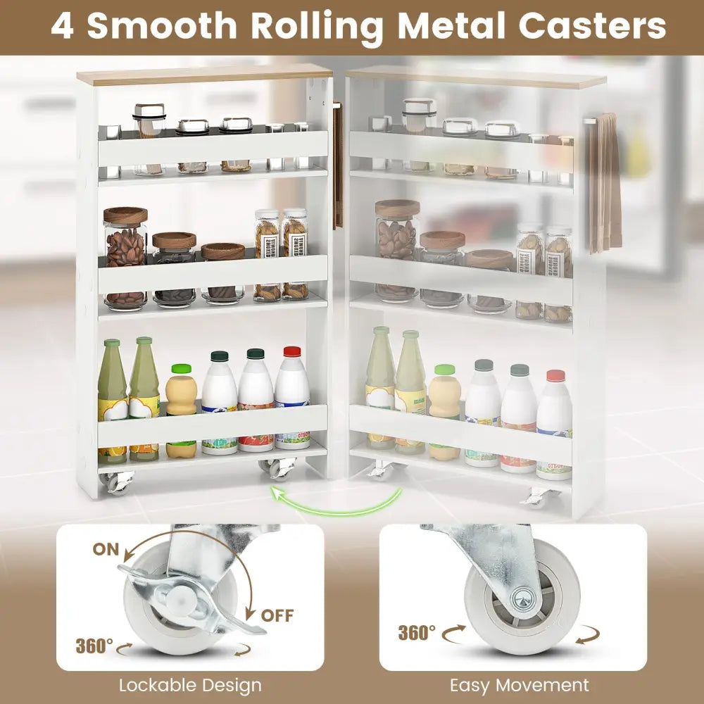 Rolling Kitchen Slim Storage Cart Mobile Shelving Organizer with Handle-White - White - Kitchen Islands & Carts