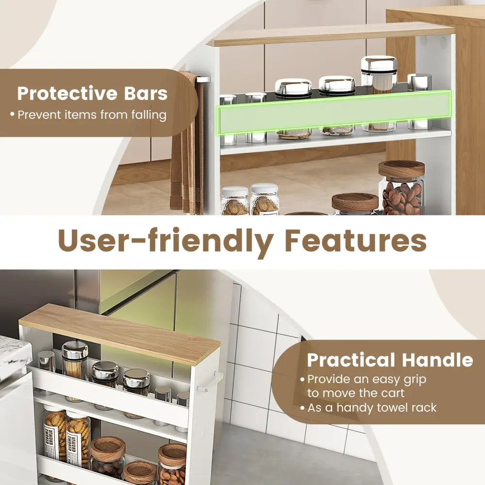 Rolling Kitchen Slim Storage Cart Mobile Shelving Organizer with Handle-White - White - Kitchen Islands & Carts