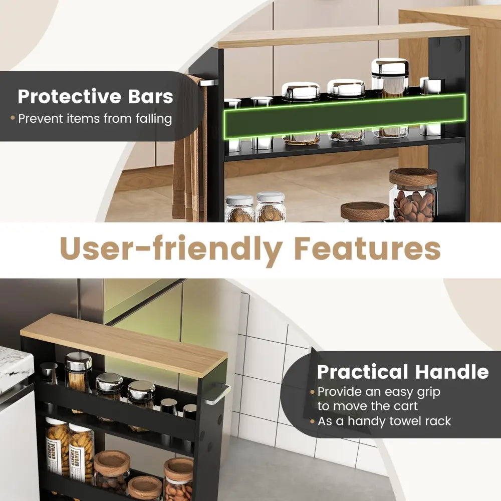 Rolling Kitchen Slim Storage Cart Mobile Shelving Organizer with Handle-Black - Black - Kitchen Islands & Carts