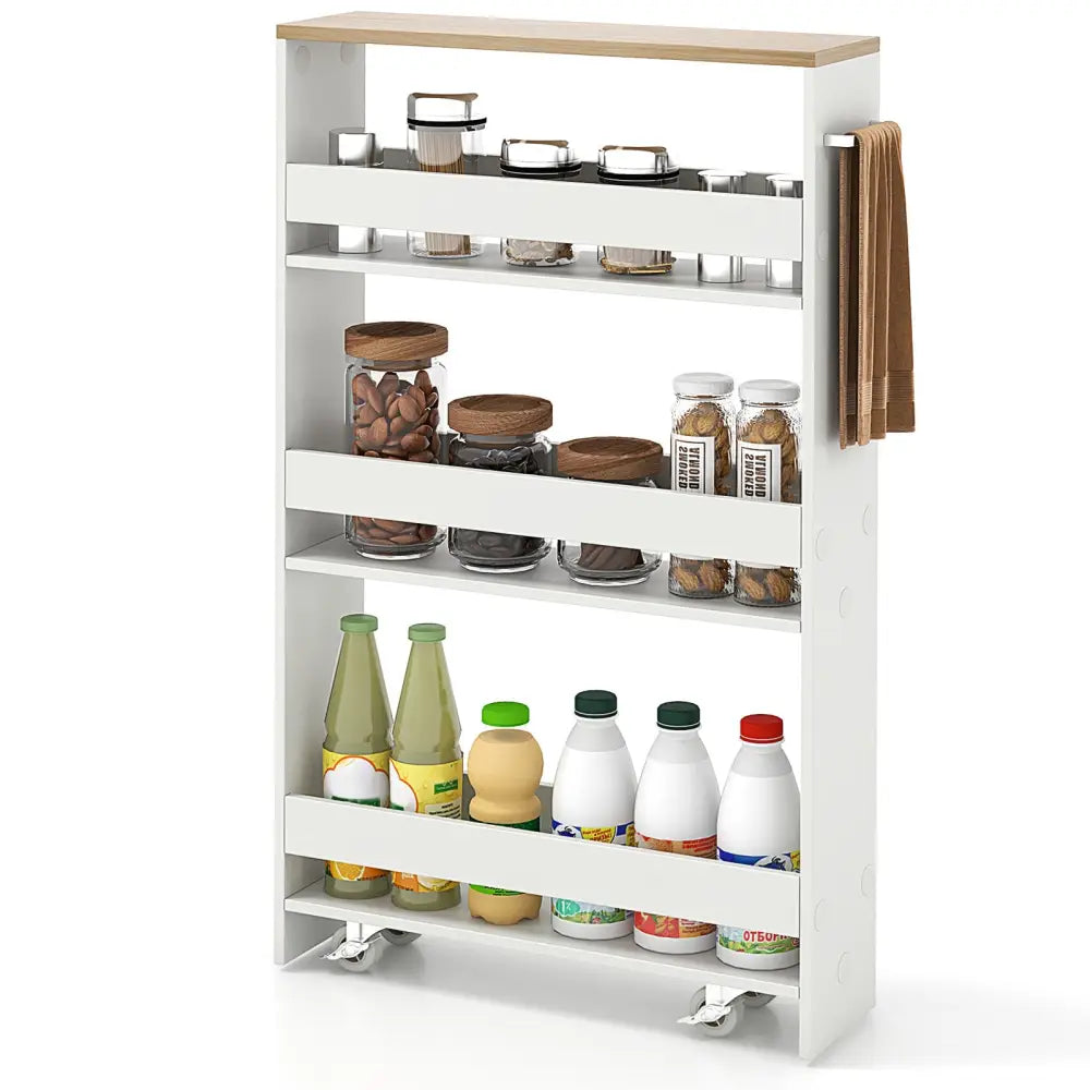 Rolling Kitchen Slim Storage Cart Mobile Shelving Organizer with Handle-White - White - Kitchen Islands & Carts