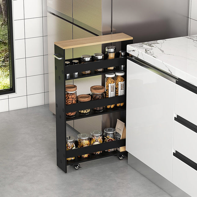 Rolling Kitchen Slim Storage Cart Mobile Shelving Organizer with Handle-Black - Black - Kitchen Islands & Carts
