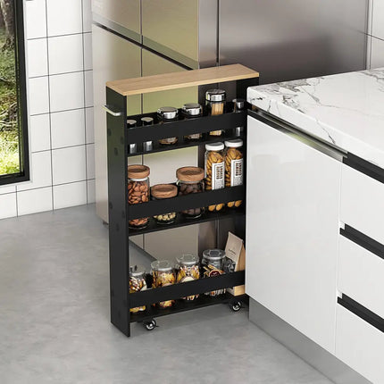 Rolling Kitchen Slim Storage Cart Mobile Shelving Organizer with Handle-Black - Black - Kitchen Islands & Carts