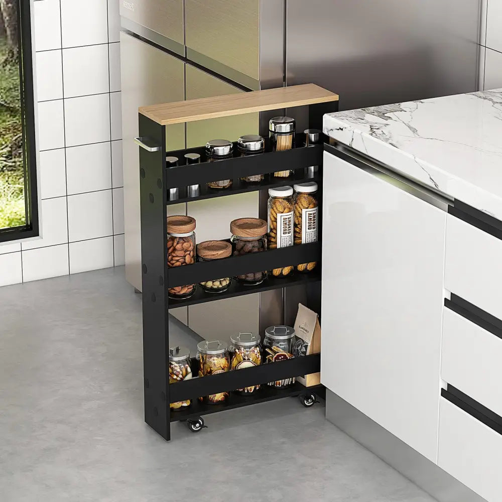 Rolling Kitchen Slim Storage Cart Mobile Shelving Organizer with Handle-Black - Black - Kitchen Islands & Carts