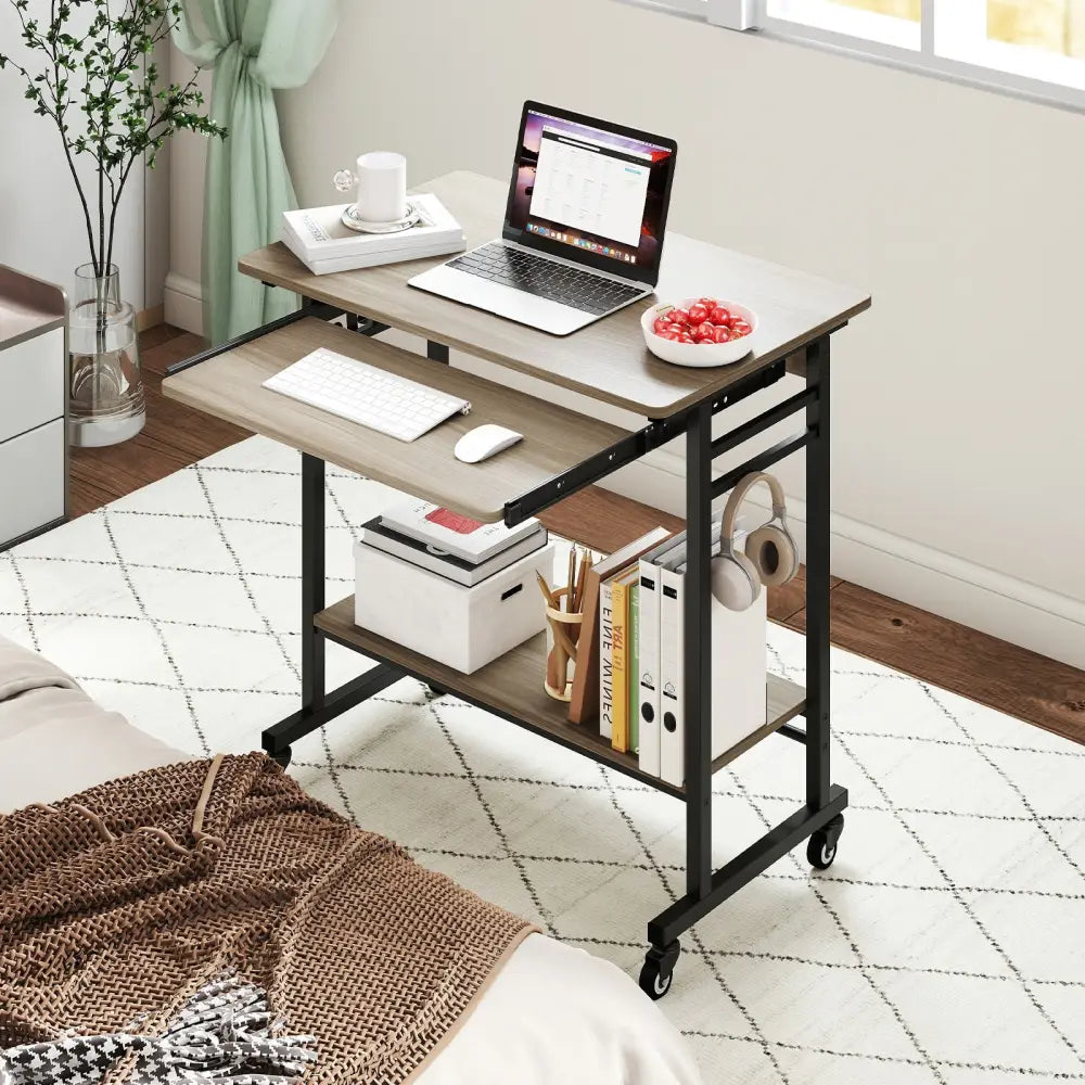 Rolling Laptop Table with Pull-out Keyboard Tray and Hooks-Grey - Gray - Laptop Tables & Printer Stands