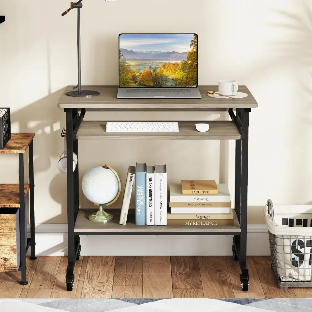 Rolling Laptop Table with Pull-out Keyboard Tray and Hooks-Grey - Gray - Laptop Tables & Printer Stands
