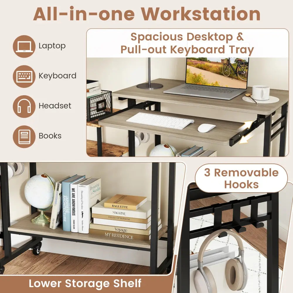 Rolling Laptop Table with Pull-out Keyboard Tray and Hooks-Grey - Gray - Laptop Tables & Printer Stands