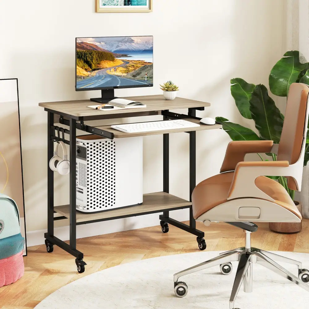 Rolling Laptop Table with Pull-out Keyboard Tray and Hooks-Grey - Gray - Laptop Tables & Printer Stands