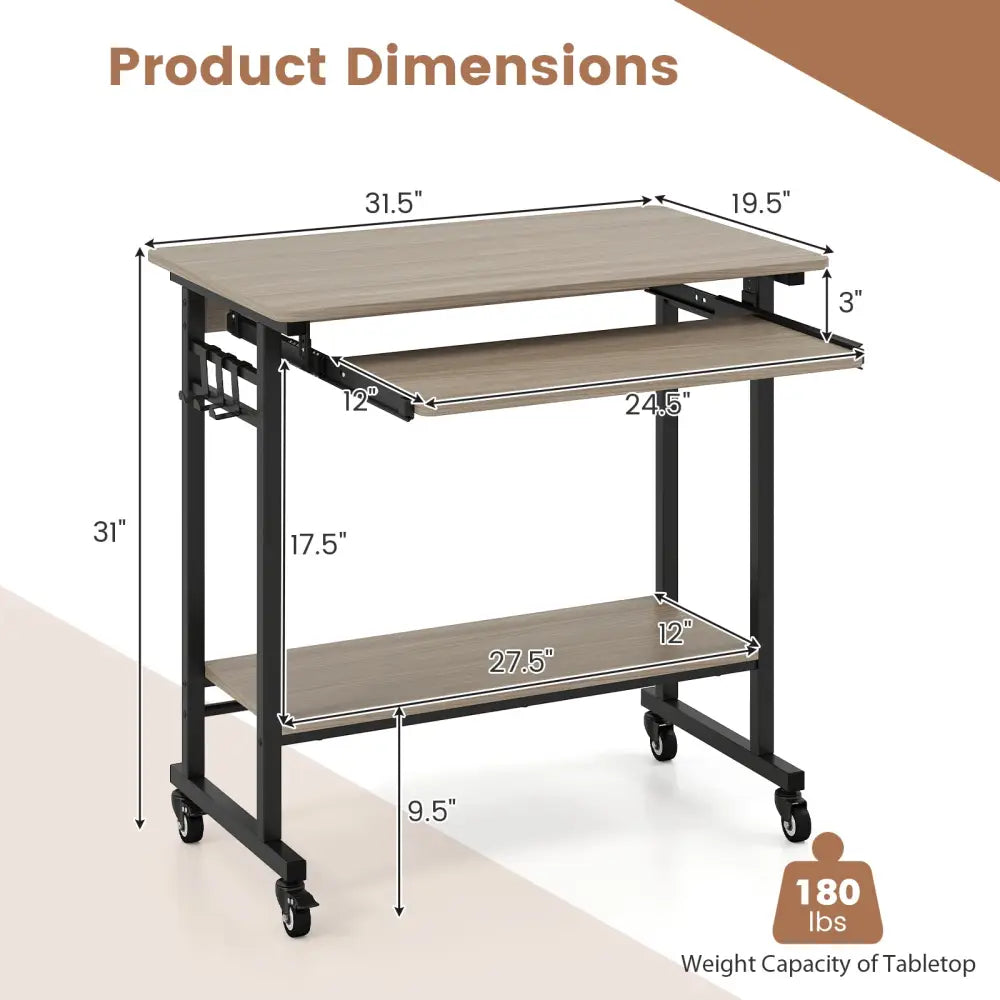 Rolling Laptop Table with Pull-out Keyboard Tray and Hooks-Grey - Gray - Laptop Tables & Printer Stands