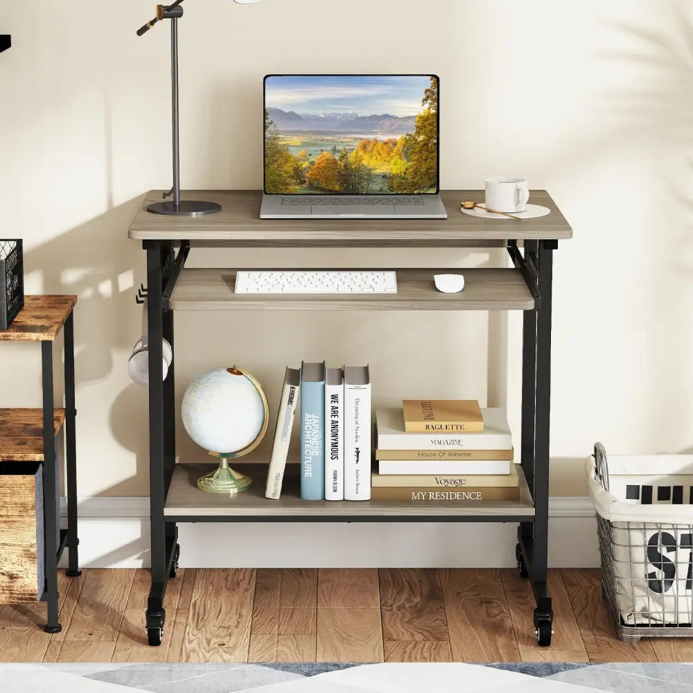 Rolling Laptop Table with Pull-out Keyboard Tray and Hooks-Grey - Gray - Laptop Tables & Printer Stands