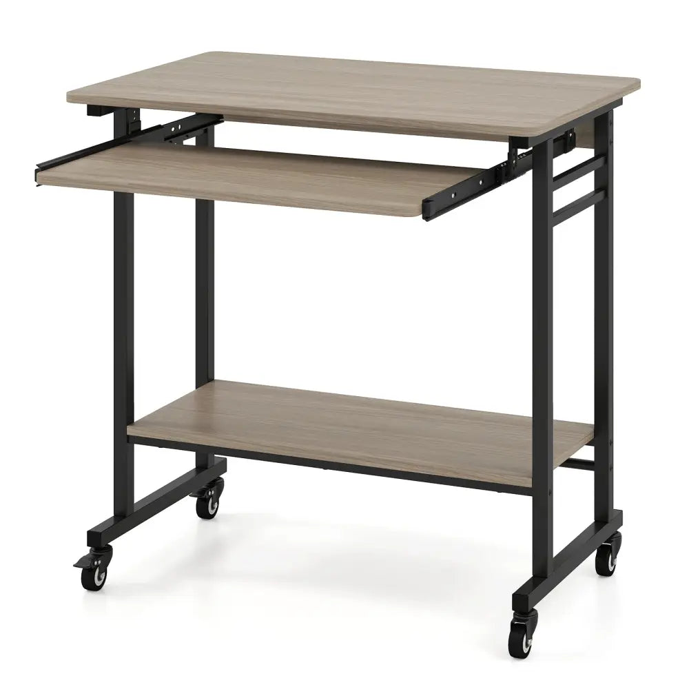 Rolling Laptop Table with Pull-out Keyboard Tray and Hooks-Grey - Gray - Laptop Tables & Printer Stands