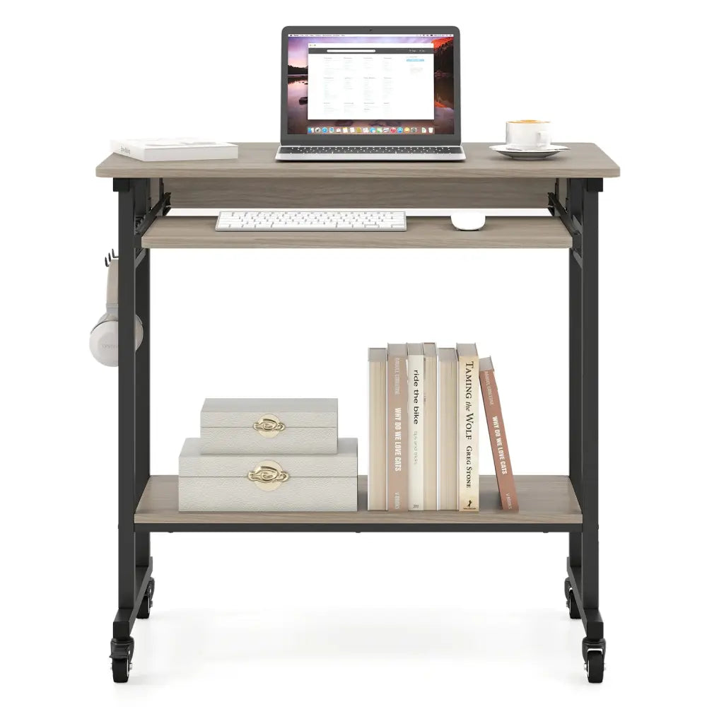 Rolling Laptop Table with Pull-out Keyboard Tray and Hooks-Grey - Gray - Laptop Tables & Printer Stands