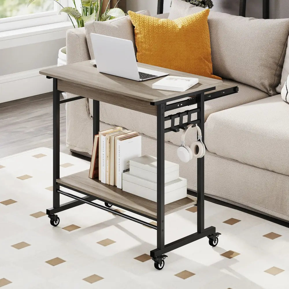 Rolling Laptop Table with Pull-out Keyboard Tray and Hooks-Grey - Gray - Laptop Tables & Printer Stands