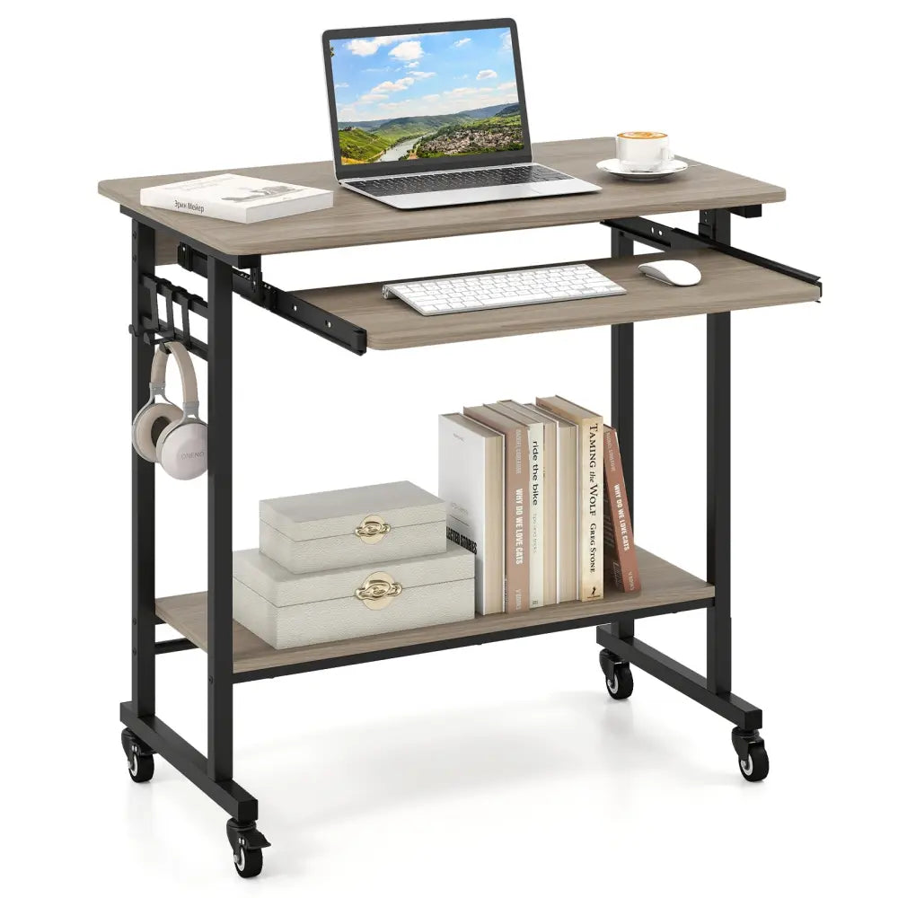 Rolling Laptop Table with Pull-out Keyboard Tray and Hooks-Grey - Gray - Laptop Tables & Printer Stands