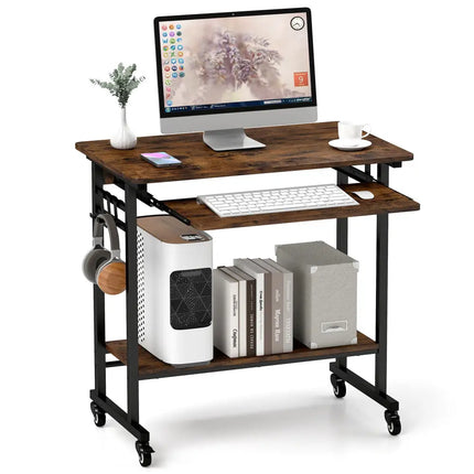 Rolling Laptop Table with Pull-out Keyboard Tray and Hooks-Rustic Brown - Rustic Brown - Laptop Tables & Printer Stands