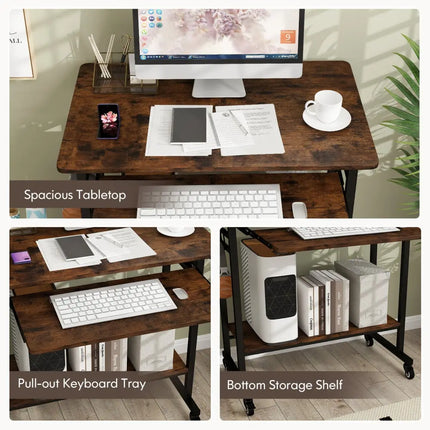 Rolling Laptop Table with Pull-out Keyboard Tray and Hooks-Rustic Brown - Rustic Brown - Laptop Tables & Printer Stands