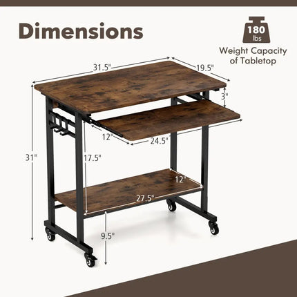 Rolling Laptop Table with Pull-out Keyboard Tray and Hooks-Rustic Brown - Rustic Brown - Laptop Tables & Printer Stands