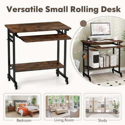 Rolling Laptop Table with Pull-out Keyboard Tray and Hooks-Rustic Brown - Rustic Brown - Laptop Tables & Printer Stands
