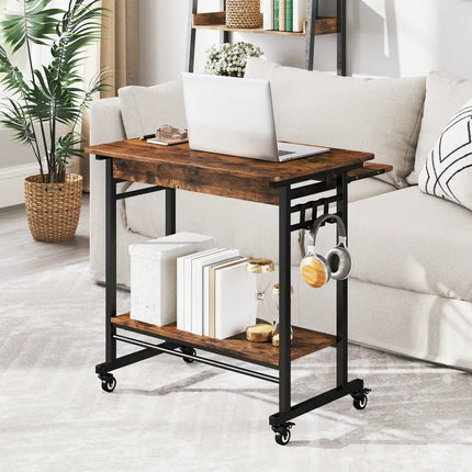 Rolling Laptop Table with Pull-out Keyboard Tray and Hooks-Rustic Brown - Rustic Brown - Laptop Tables & Printer Stands