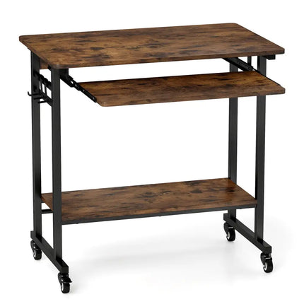 Rolling Laptop Table with Pull-out Keyboard Tray and Hooks-Rustic Brown - Rustic Brown - Laptop Tables & Printer Stands
