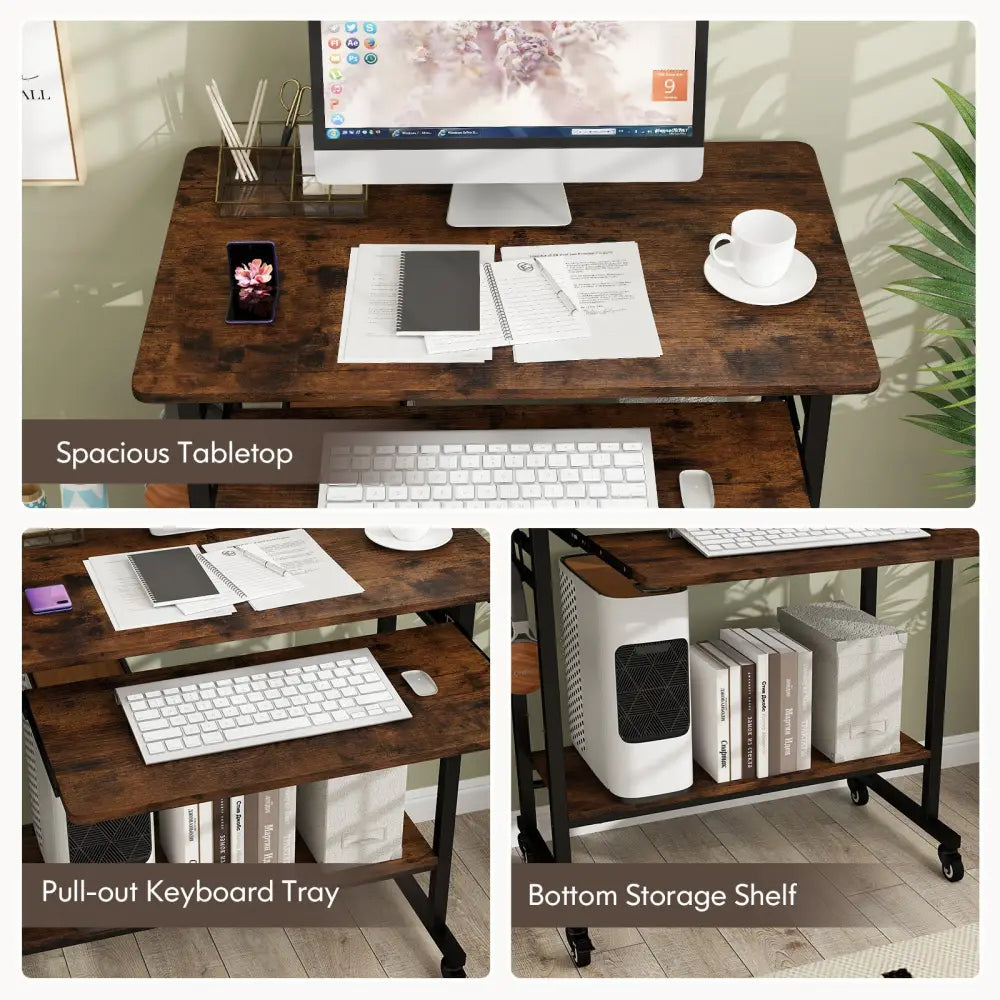 Rolling Laptop Table with Pull-out Keyboard Tray and Hooks-Rustic Brown - Rustic Brown - Laptop Tables & Printer Stands