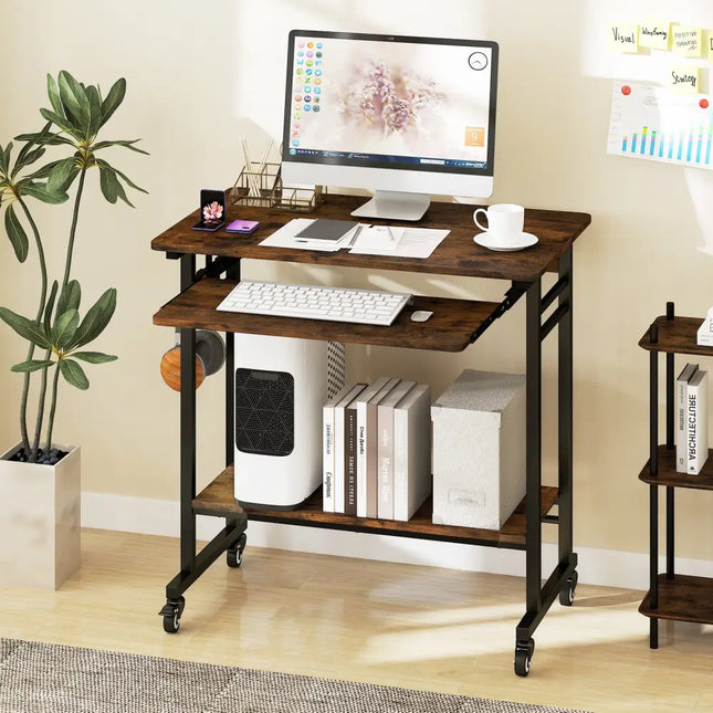 Rolling Laptop Table with Pull-out Keyboard Tray and Hooks-Rustic Brown - Rustic Brown - Laptop Tables & Printer Stands