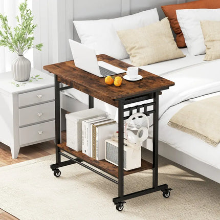 Rolling Laptop Table with Pull-out Keyboard Tray and Hooks-Rustic Brown - Rustic Brown - Laptop Tables & Printer Stands