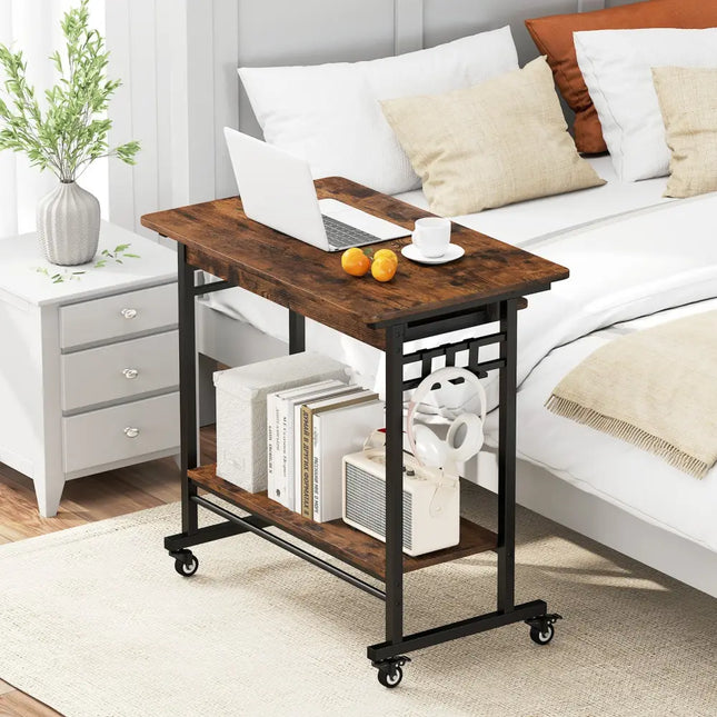 Rolling Laptop Table with Pull-out Keyboard Tray and Hooks-Rustic Brown - Rustic Brown - Laptop Tables & Printer Stands