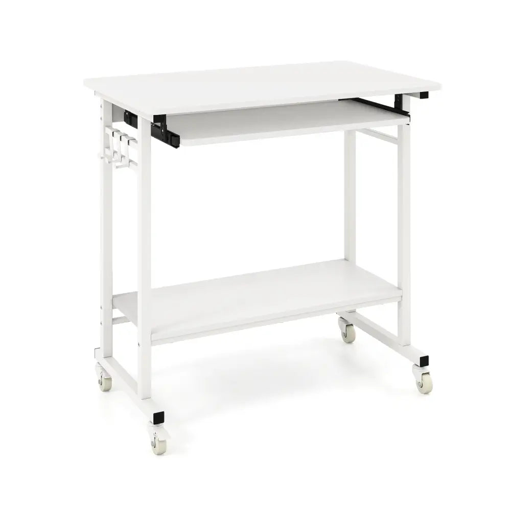 Rolling Laptop Table with Pull-out Keyboard Tray and Hooks-White - White - Laptop Tables & Printer Stands