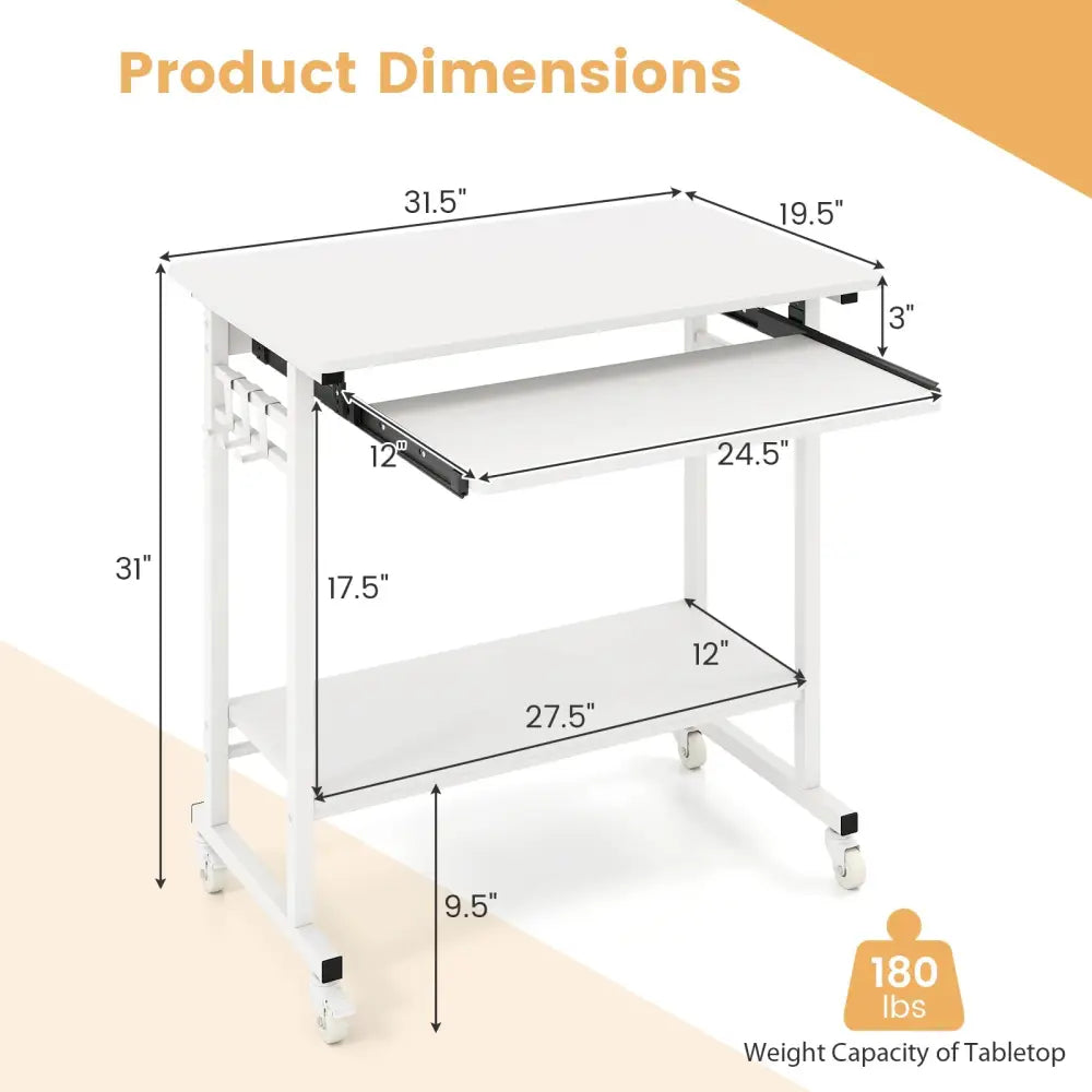 Rolling Laptop Table with Pull-out Keyboard Tray and Hooks-White - White - Laptop Tables & Printer Stands