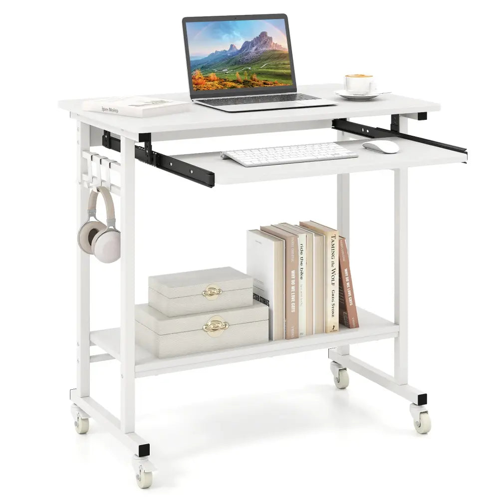 Rolling Laptop Table with Pull-out Keyboard Tray and Hooks-White - White - Laptop Tables & Printer Stands