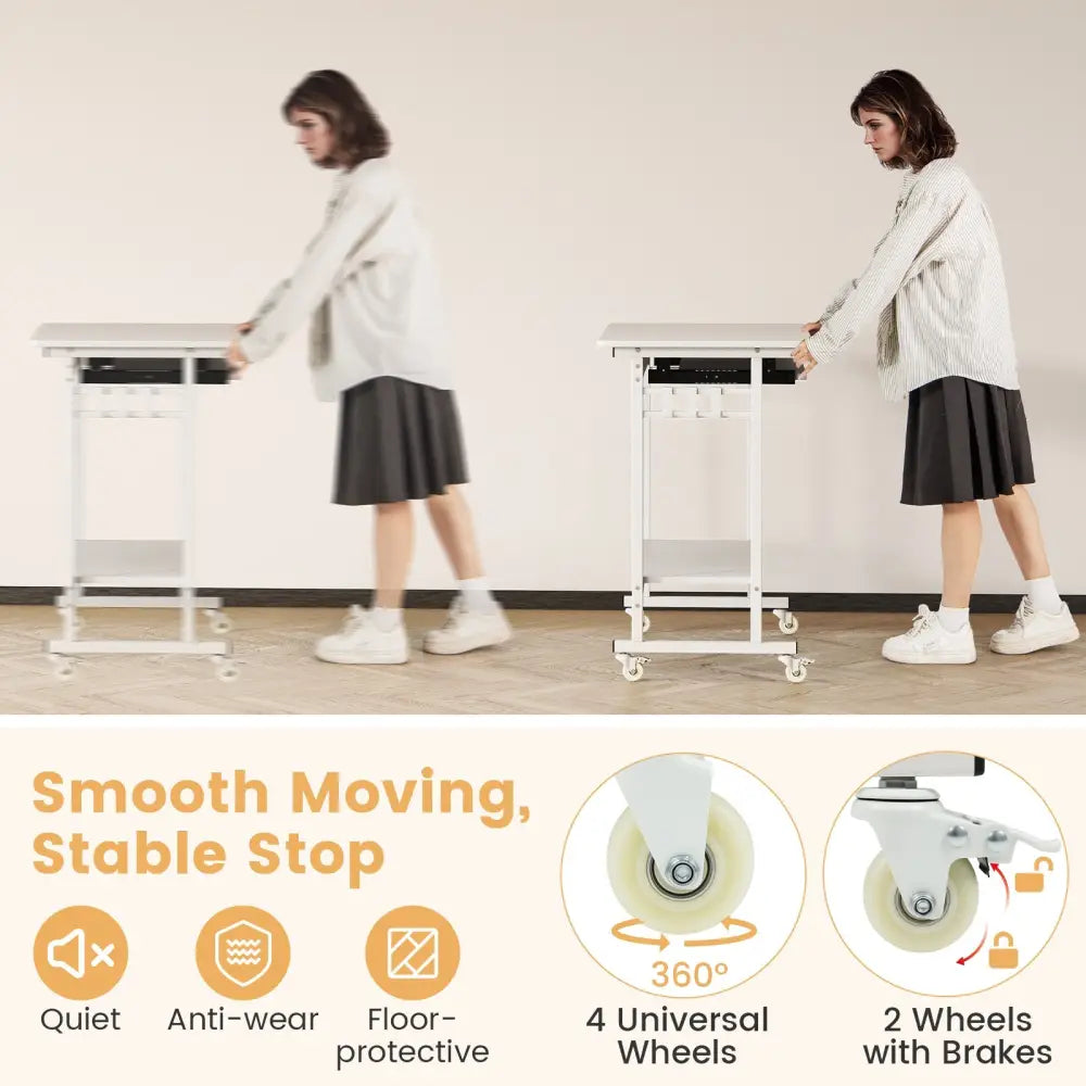 Rolling Laptop Table with Pull-out Keyboard Tray and Hooks-White - White - Laptop Tables & Printer Stands