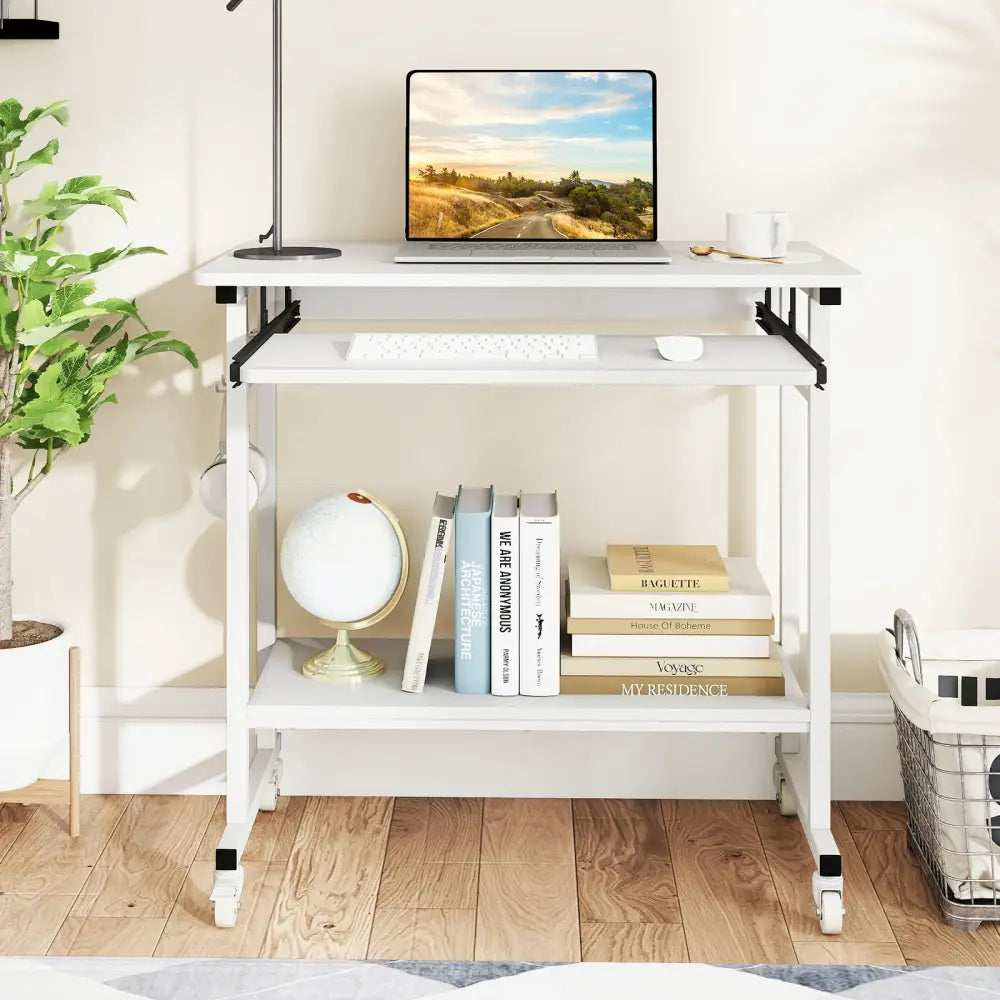 Rolling Laptop Table with Pull-out Keyboard Tray and Hooks-White - White - Laptop Tables & Printer Stands