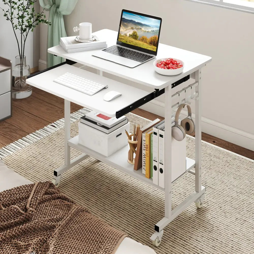 Rolling Laptop Table with Pull-out Keyboard Tray and Hooks-White - White - Laptop Tables & Printer Stands