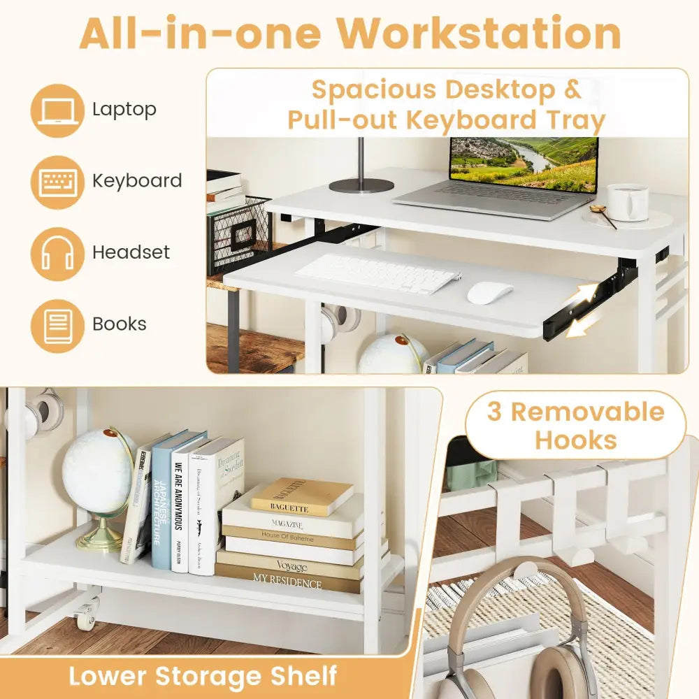 Rolling Laptop Table with Pull-out Keyboard Tray and Hooks-White - White - Laptop Tables & Printer Stands