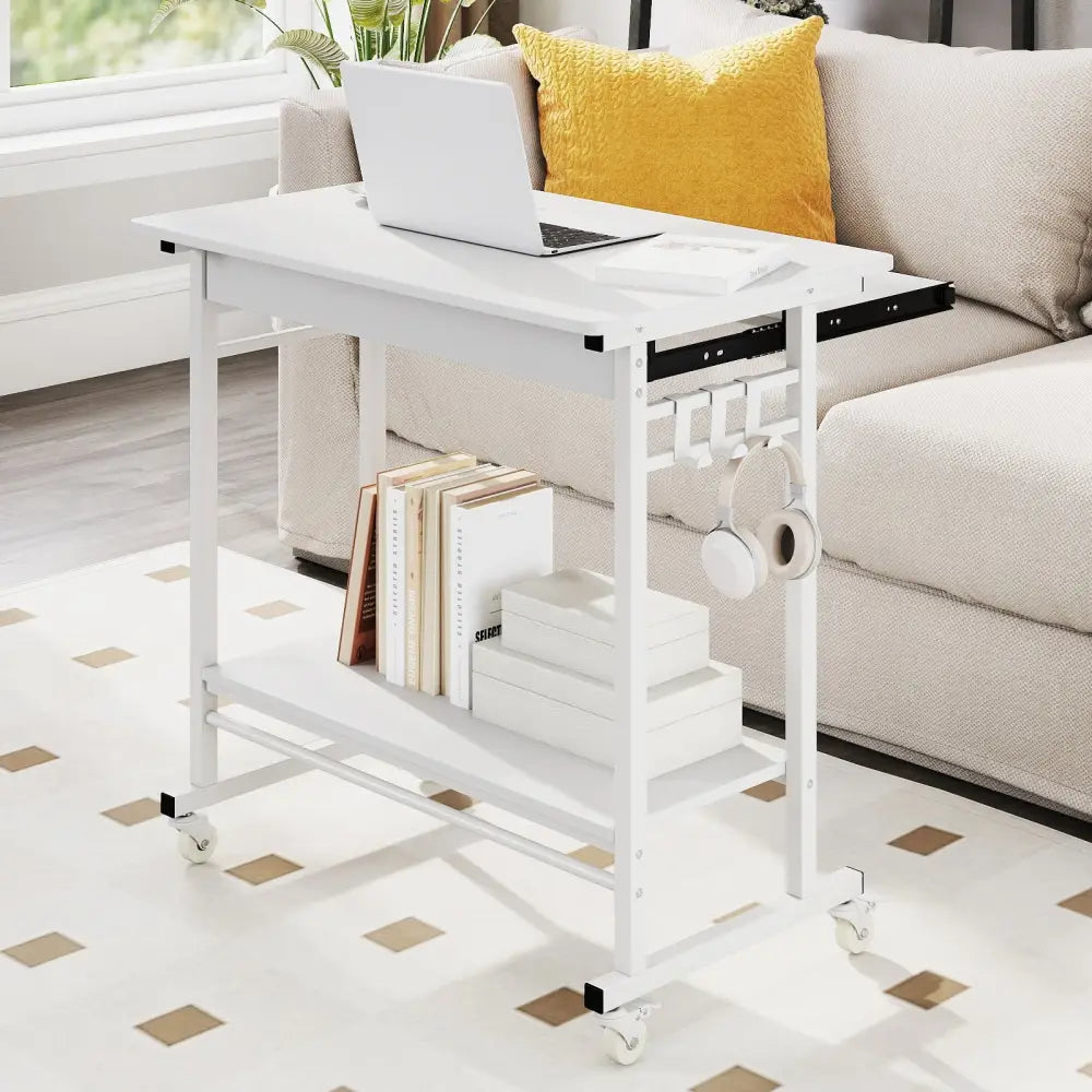 Rolling Laptop Table with Pull-out Keyboard Tray and Hooks-White - White - Laptop Tables & Printer Stands