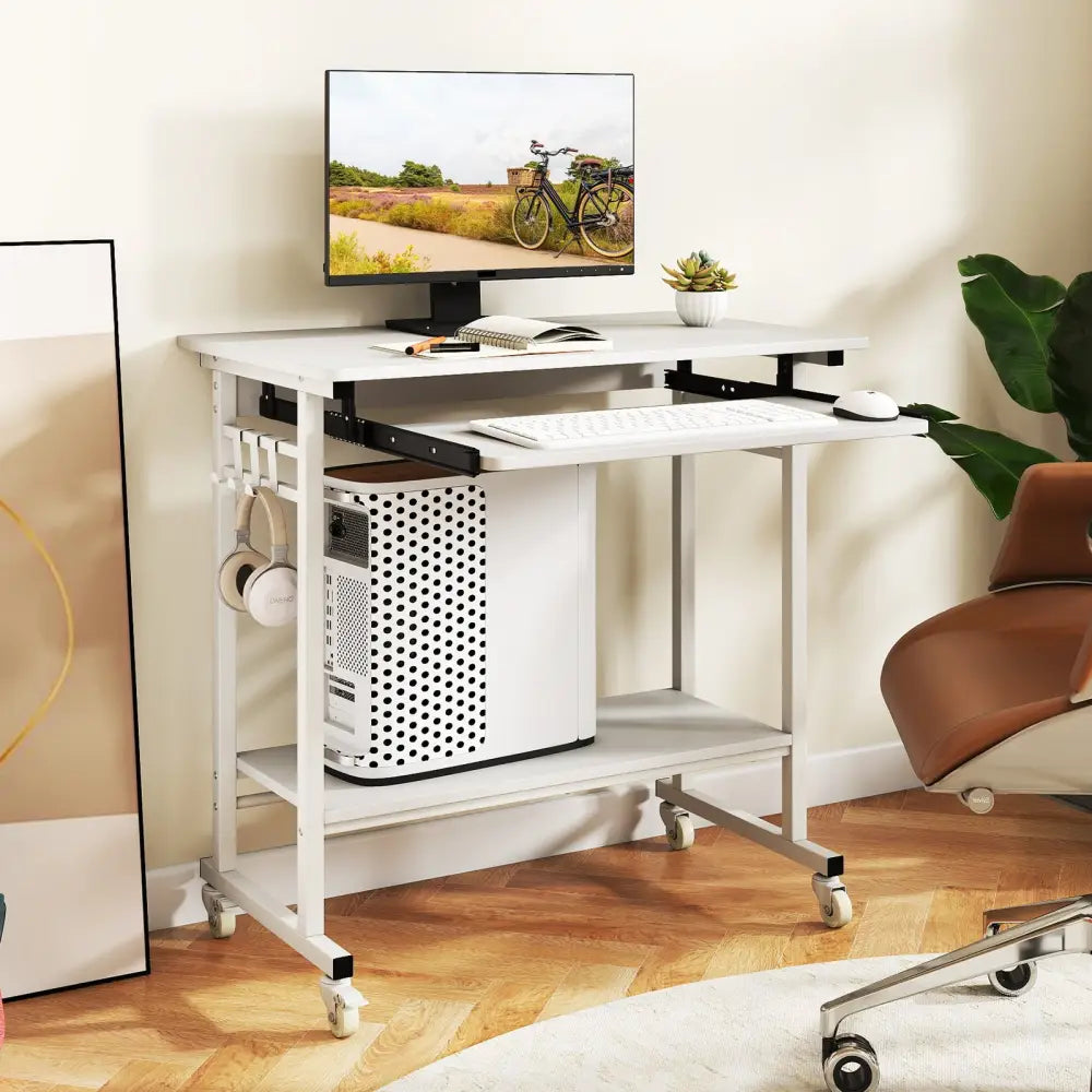 Rolling Laptop Table with Pull-out Keyboard Tray and Hooks-White - White - Laptop Tables & Printer Stands