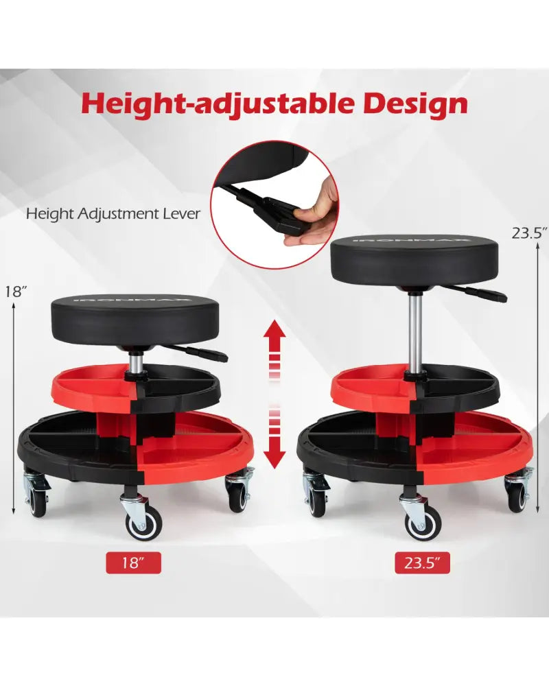 Rolling Mechanic Stool with Cushioned Seat and 5 Wheels 330 LBS-Red - Red - Garages