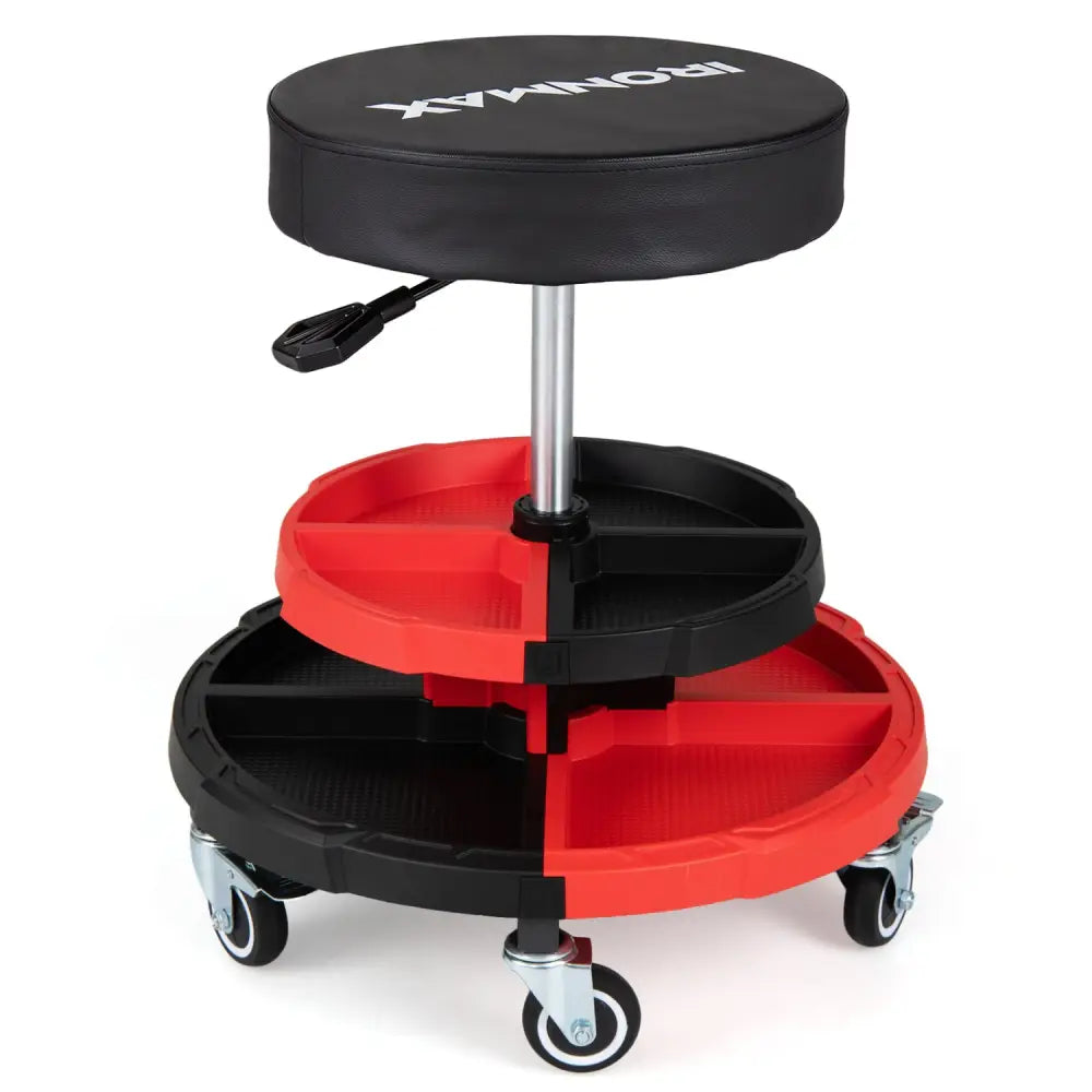 Rolling Mechanic Stool with Cushioned Seat and 5 Wheels 330 LBS-Red - Red - Garages