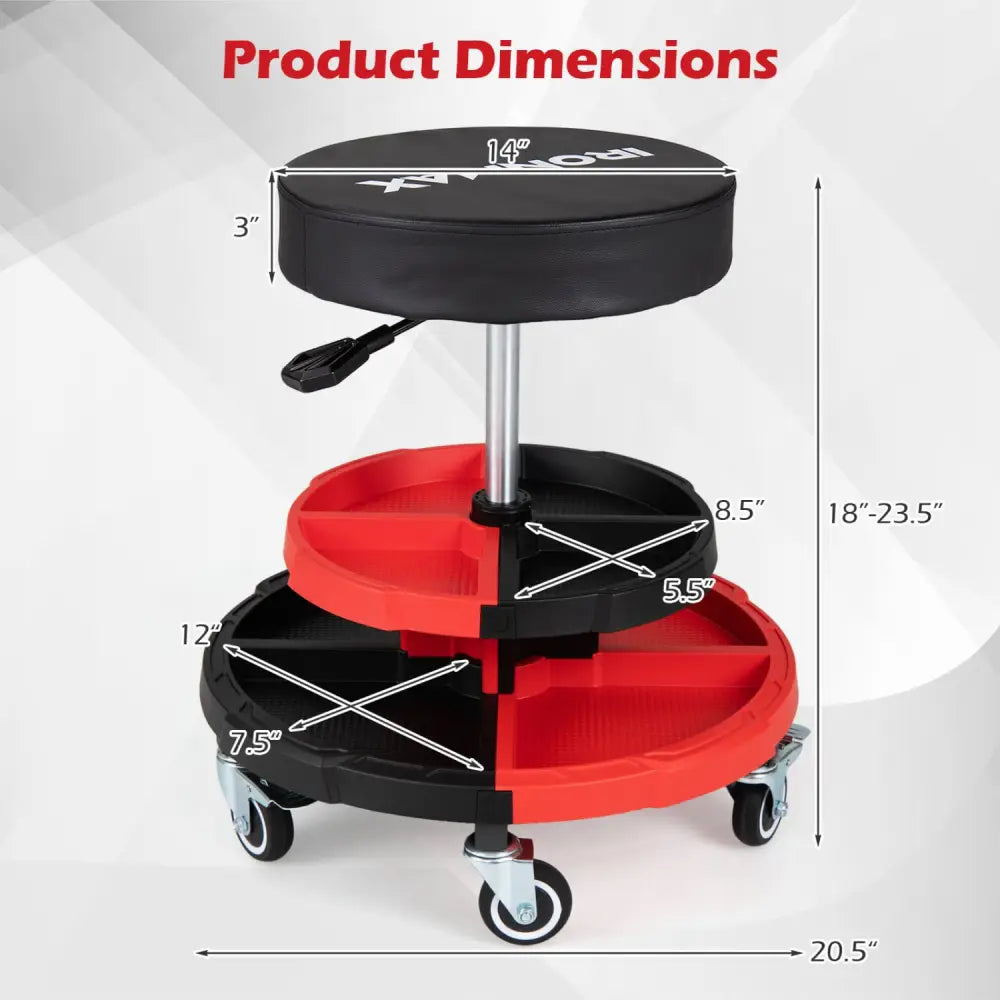 Rolling Mechanic Stool with Cushioned Seat and 5 Wheels 330 LBS-Red - Red - Garages