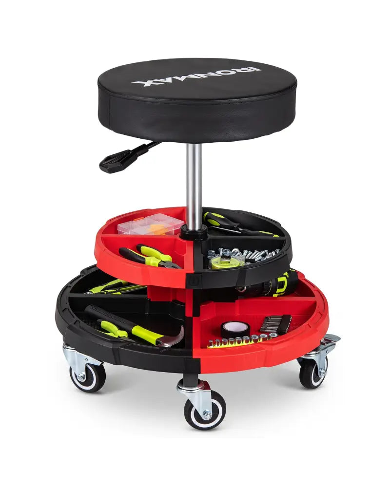 Rolling Mechanic Stool with Cushioned Seat and 5 Wheels 330 LBS-Red - Red - Garages