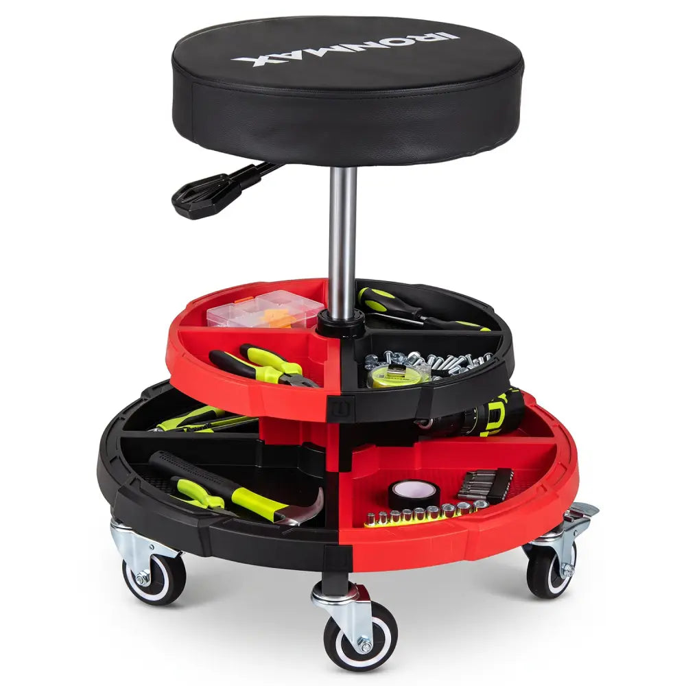 Rolling Mechanic Stool with Cushioned Seat and 5 Wheels 330 LBS-Red - Red - Garages