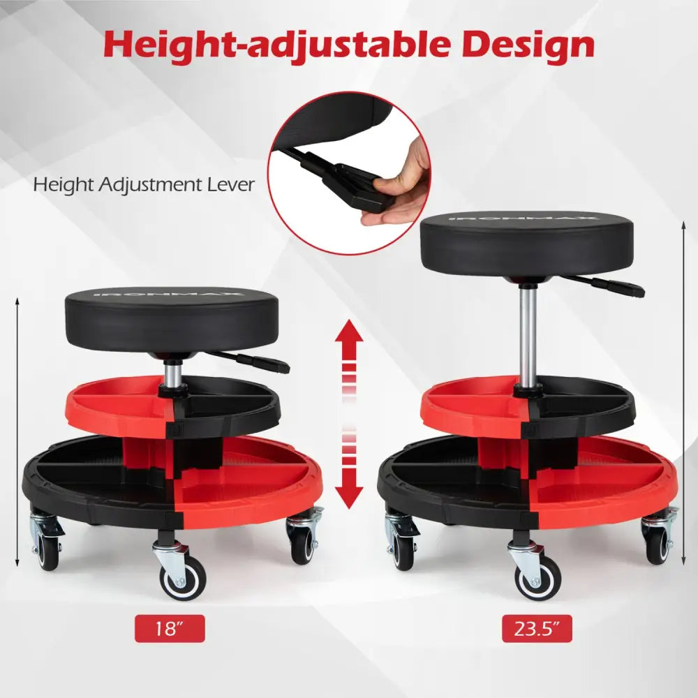 Rolling Mechanic Stool with Cushioned Seat and 5 Wheels 330 LBS-Red - Red - Garages