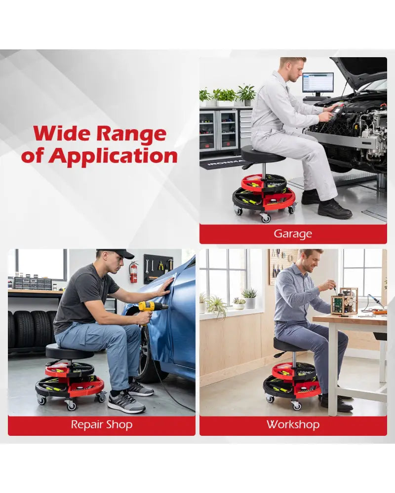 Rolling Mechanic Stool with Cushioned Seat and 5 Wheels 330 LBS-Red - Red - Garages