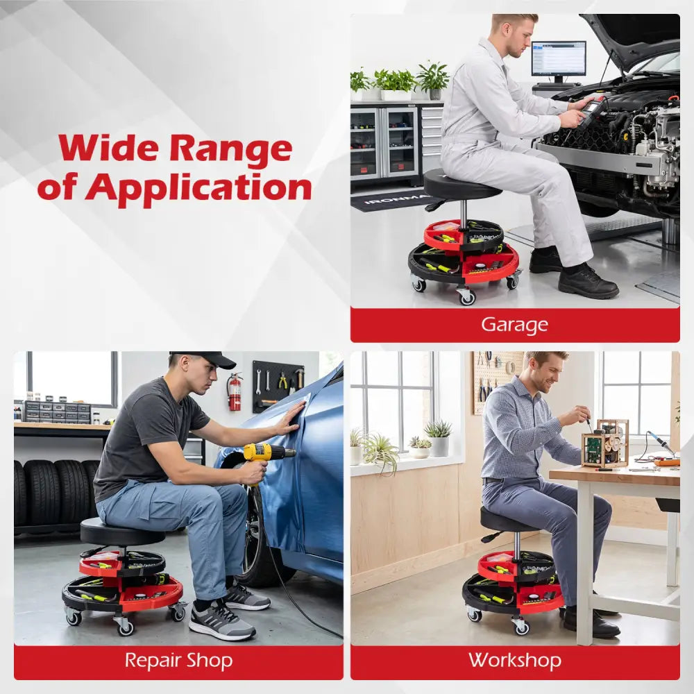 Rolling Mechanic Stool with Cushioned Seat and 5 Wheels 330 LBS-Red - Red - Garages